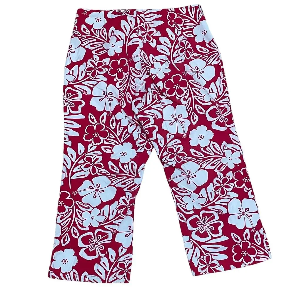 Vintage Y2K Kids 10 Pull On Red White Floral Hawaiian Print‎ Lightweight Pants